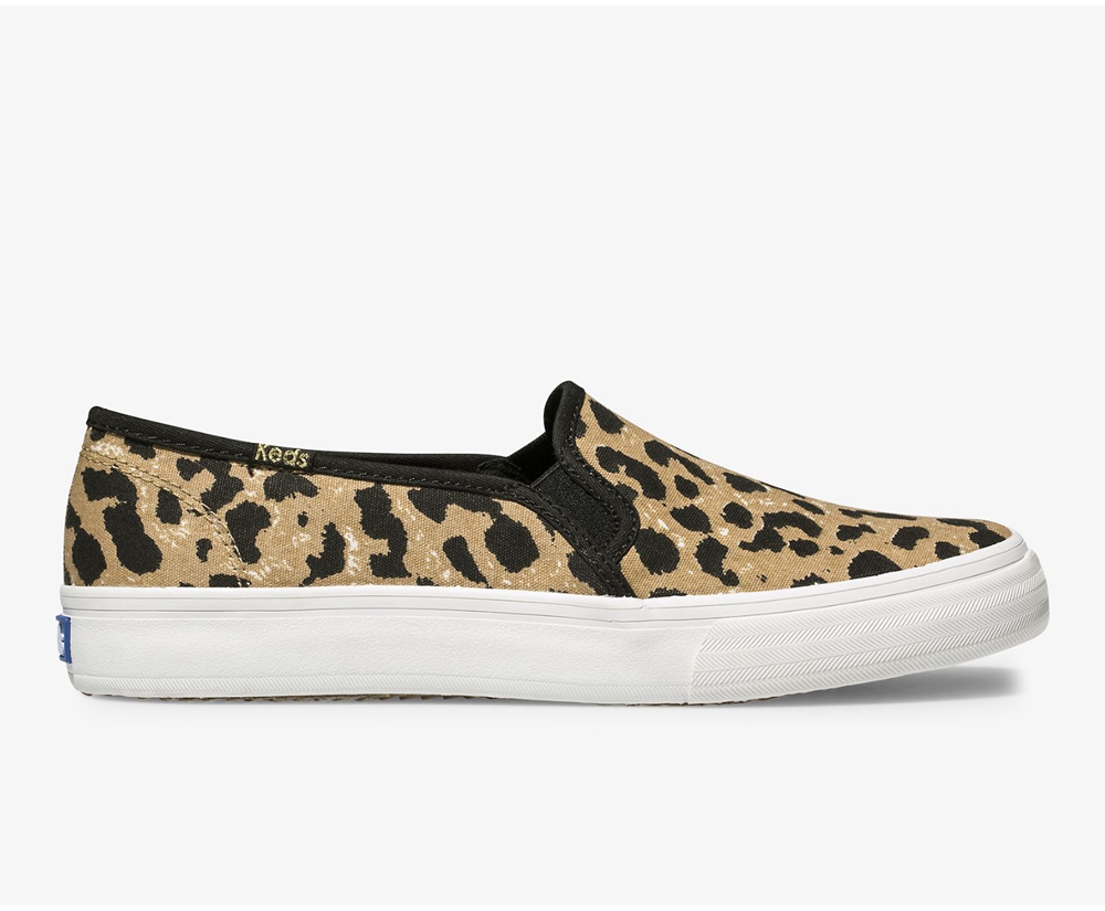 Keds Slip Ons Brown - Double Decker Leopard - Womens JWOVZB-652